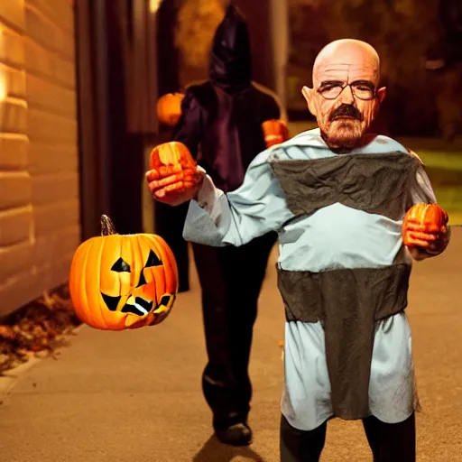 Prompt: walter white goes trick or treating on halloween, nighttime