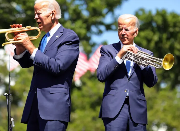 Image similar to joe biden playing the trumpet on stage at memorial day