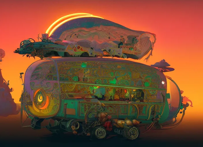 Image similar to a luminescent gypsy caravan by paolo eleuteri serpieri and tomer hanuka and chesley bonestell and daniel merriam and tomokazu matsuyama, unreal engine, high resolution render, featured on artstation, octane, 8 k, highly intricate details, vivid colors, vector illustration