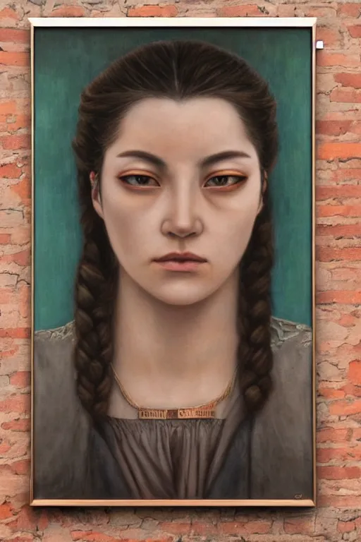 Prompt: beautiful oil painting of a wanted poster for a gorgeous female bank robber by chie yoshii, full body portrait, brick wall, symmetrical face, dramatic lighting