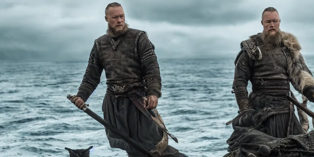 Prompt: ragnar lothbrok in a ship looking for new lands, 8k, ultra realistic