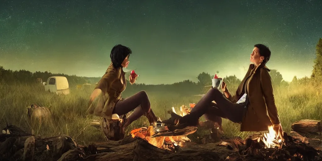 Image similar to A girl with short black hair and green eyes in a tan trenchcoat sitting on a log and drinking tea by the campfire by her motorcycle at night under the stars, elegant scene, beautiful landscape in the background, wide angle, cinematic lighting, atmospheric, ultrarealistic, trending on artstation, cgsociety, highly detailed, color graded, in the style of craig mullins, rendered in Unreal Engine 4k HQ, horizon forbidden west