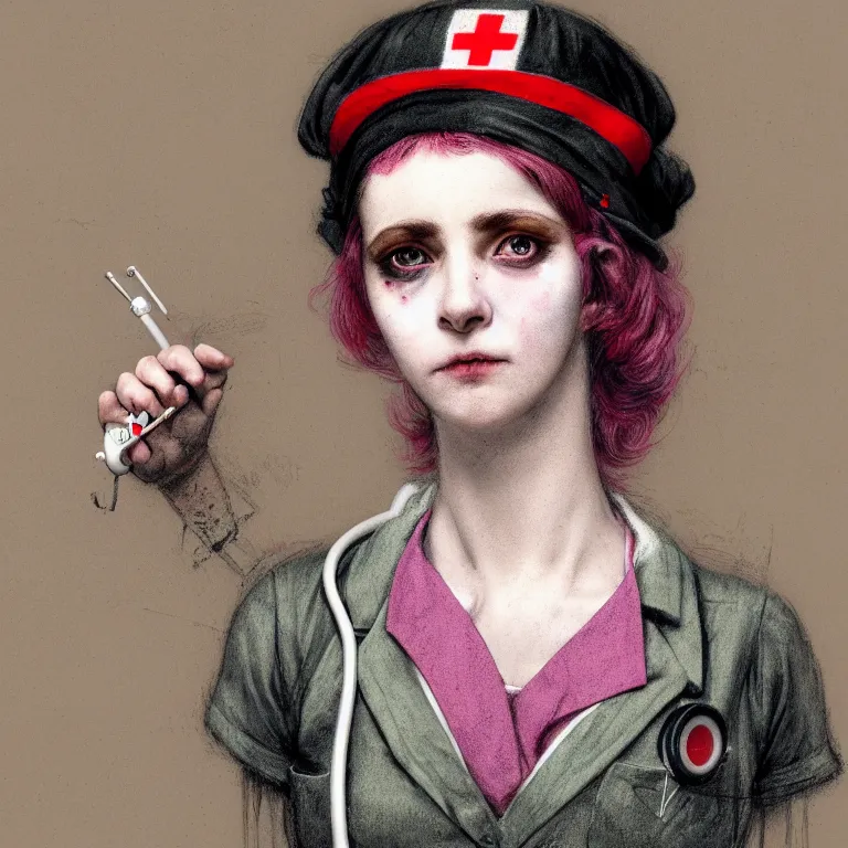 Image similar to clowncore pastel punk young hospital nurse wearing stylish uniform. detailed, portrait, 8 k, artwork by jean - baptiste monge