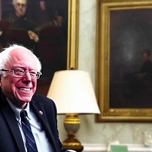 Prompt: president bernie sanders smiling in the oval office