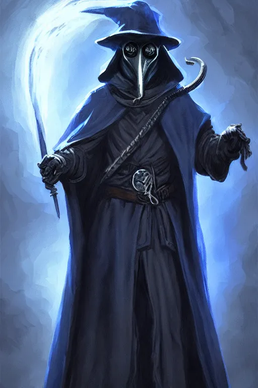 Image similar to a plague doctor with a blue wizard robe as a d & d character, blue robe, magical, black fur armor, harry poter, concept sheet, painting by gaston bussiere, demon slayer, gta loading screen art, dramatic lighting, anime