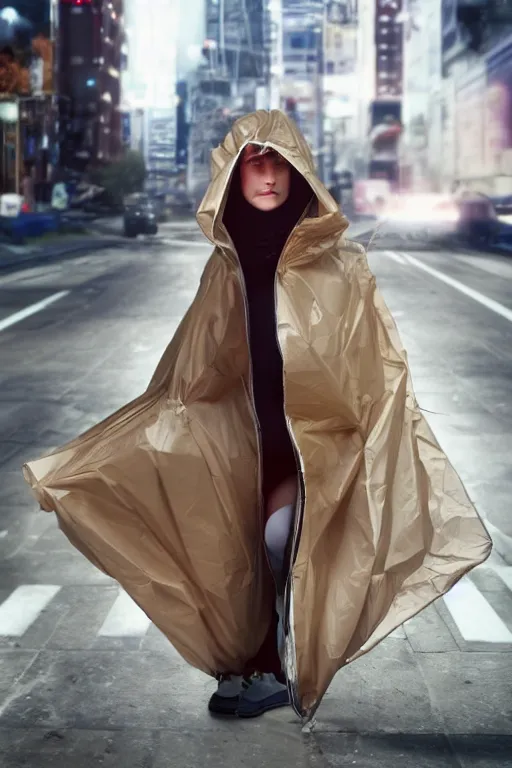 Prompt: photo of a woman wearing 70’s clothing, in a plastic bag, hyper realistic, 8k, trending on cgisociety, by Haruhiko Kawaguchi, photographer Hal, unreal engine