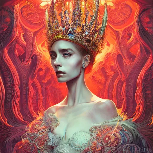 Prompt: portrait of an assertive queen in the style of anna dittmann and in the style of wayne barlowe. glowing, ornate and intricate, stunning, dynamic lighting, intricate and detailed.