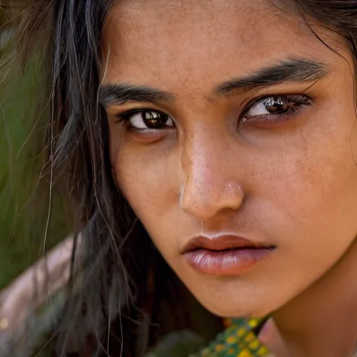 Prompt: a portrait of a stunningly beautiful nepali female, dark eyes, dark hair, olive skin, depth of field, zeiss lens, detailed, centered, artstation, fashion photoshoot, by Annie Leibovitz and Steve McCurry, David Lazar, Jimmy Nelsson, Breathtaking, 8k resolution, extremely detailed, beautiful, establishing shot, artistic, hyperrealistic, beautiful face, octane render