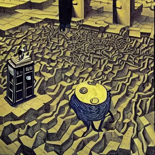 Image similar to portrait of doctor who, mash - up between mc escher and vincent van gogh