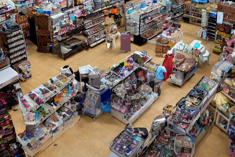 Image similar to overhead view, surveillance, empty pet store with some pets moving around on the floor