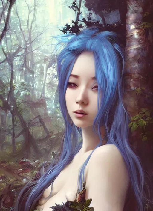 Image similar to stunningly beautiful female blue hair, dj sura face, fantasy art, fae priestess, lush forest landscape, dark light night, sharp focus, digital painting, 8 k, concept art, art by wlop, artgerm, greg rutkowski and alphonse mucha