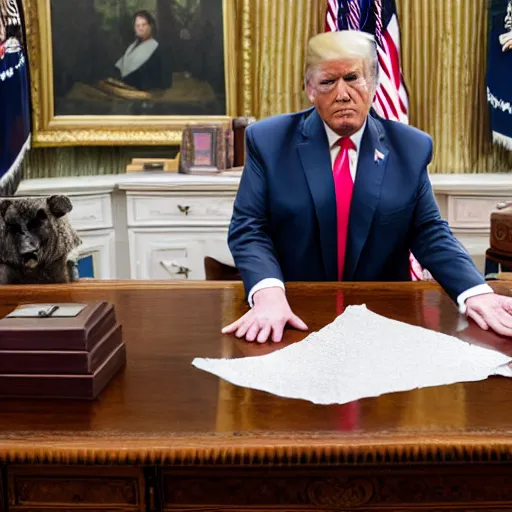 Prompt: candid portrait photo of president trump at his desk shoving crumpled papers into his mouth, chewing paper, eating paper, detailed portrait, 4 k, megapixel, sony a 7 s, f / 8, 2 4 mm lens