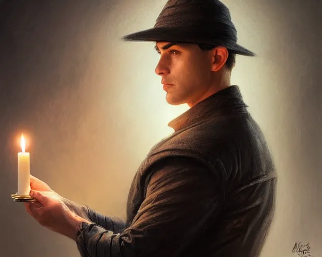 Image similar to a mind - blowing portrait of a fortune seeker male, clean shaven, holding a candle holder, wearing dark maritime clothing, long night cap, deep focus, d & d, fantasy, intricate, elegant, highly detailed, digital painting, artstation, concept art, matte, sharp, illustration, hearthstone, art by artgerm and greg rutkowski and alphonse mucha