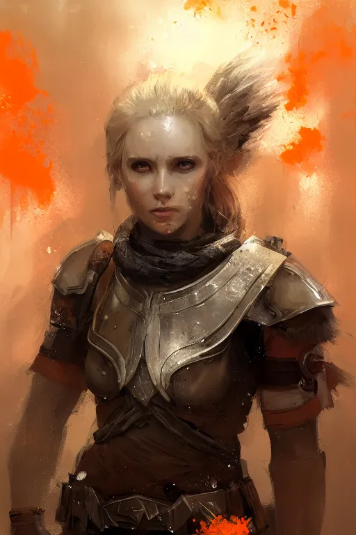 Image similar to full - body portrait of a ranger, female, white and orange breastplate, magical, high fantasy, d & d, by jeremy mann, face details, extremely detailed, digital illustration