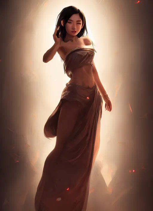 Prompt: beautiful fashion asian goddness, strapless dress, character portrait in the style of thomas river and artgerm, wlop, cinematic lighting, hyperdetailed, 8 k realistic, symmetrical, global illumination, radiant light, halo, love and mercy, frostbite 3 engine, cryengine, dof, trending on artstation, digital art, chanel