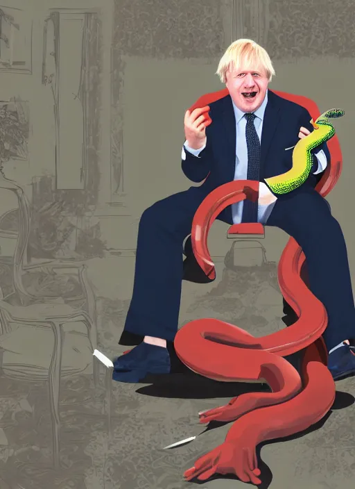 Image similar to A portrait of Boris Johnson with the body of a snake, wearing a suit, at a house party, laughing at the poor, high definition, digital art, illustration, hyperrealist