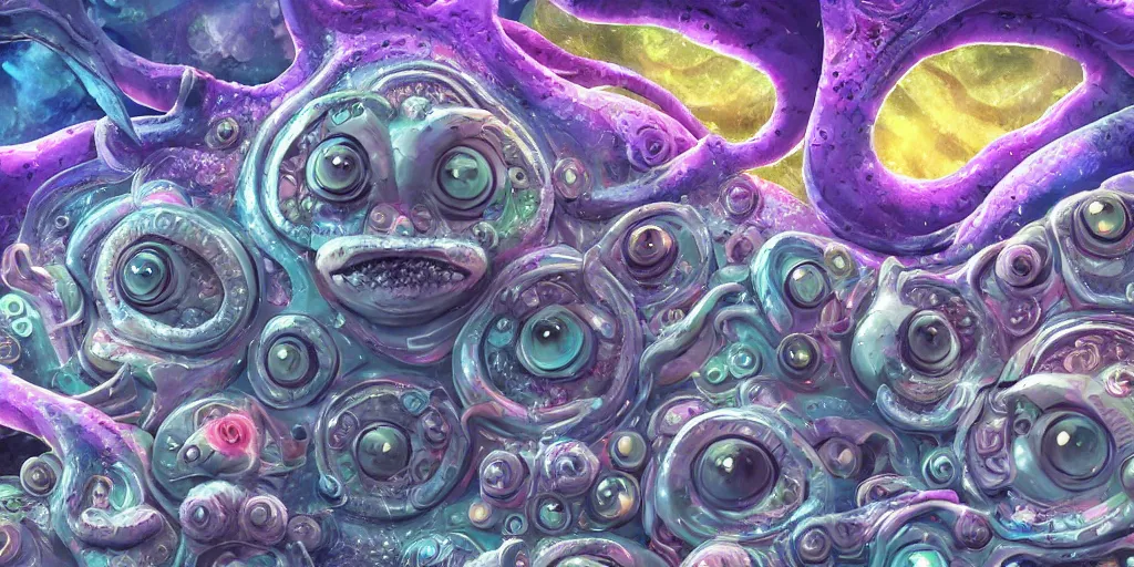 Image similar to of an intricate deep sea with strange cute friendly happy creatures with huge eyes, long tongue, round teeth and goofy funny face, appearing from the background, in the style of gehry and gaudi, macro lens, shallow depth of field, ultra detailed, digital painting, trending artstation, concept art, illustration, cinematic lighting, photorealism, epic, octane render