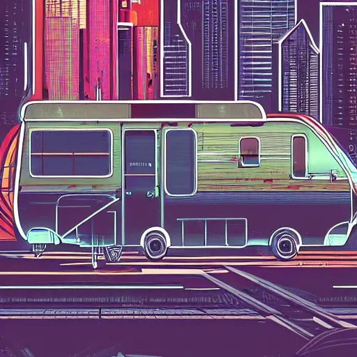 Prompt: digital painting of an RV in a cyberpunk city by Laurie Greasley, hyperdetailed, trending on Artstation