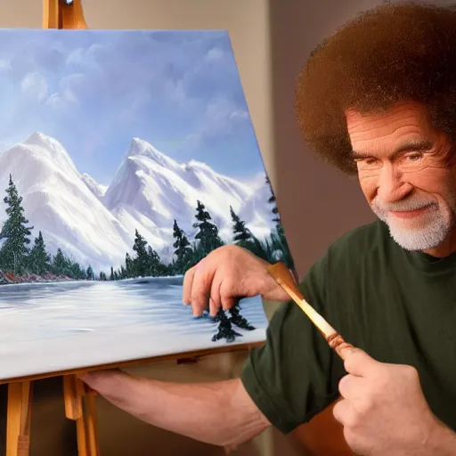 Image similar to a closeup photorealistic photograph of bob ross working on a canvas painting of cookie monster. film still. brightly lit scene. mountains and trees. this 4 k hd image is trending on artstation, featured on behance, well - rendered, extra crisp, features intricate detail, epic composition and the style of unreal engine.