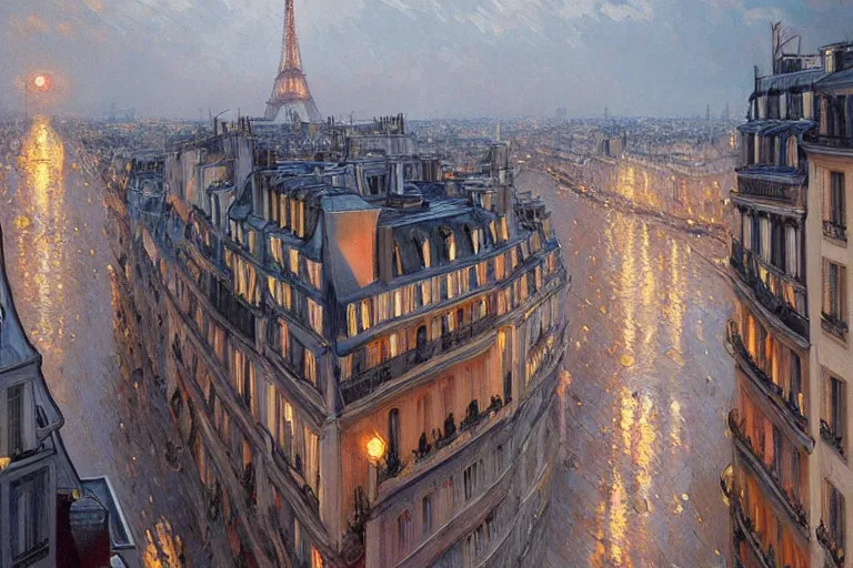 Image similar to a beautiful realistic painting of a paris view from rooftop during night time, intricate, elegant, highly detailed, digital painting, artstation, concept art, by krenzcushart, artem demura, alphonse mucha