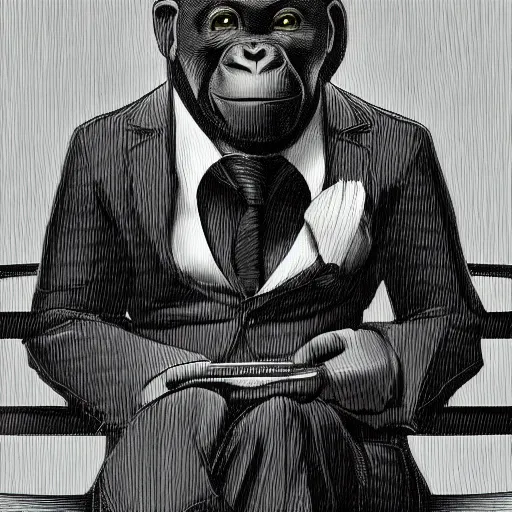 Image similar to Portrait of a film noir anthropomorphic chimp detective wearing a suit and sitting in an office chair, intricate, elegant, highly detailed, smooth, sharp focus, detailed face, high contrast, dramatic lighting, graphic novel, art by Michael Choi,