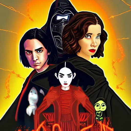 Prompt: goosebumps book r l stine book cover with rey and kylo ren, in the style of tim jacobus