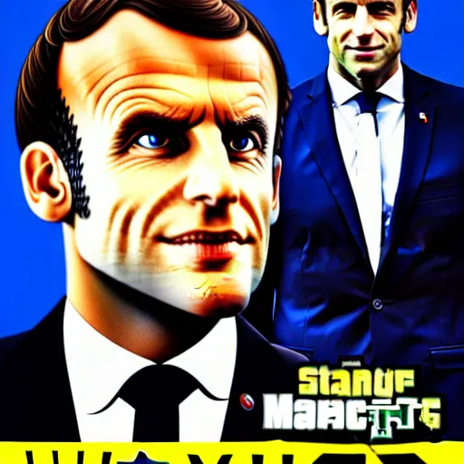 Image similar to emmanuel macron in a gta v cover art by stephen bliss