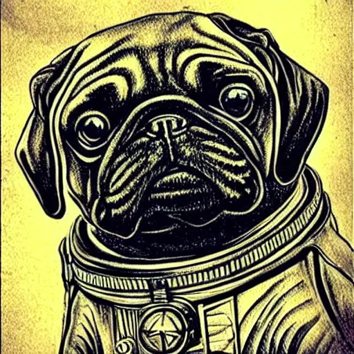 Prompt: pencil art, golden - ratio, spirals, highly detailed, psychedelic astronaut pug in outer space by davinci.