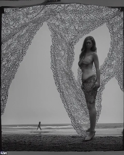 Image similar to an woman standing on a beach, made of intricate decorative lace leaf skeleton, in the style of the dutch masters and gregory crewdson, dark and moody