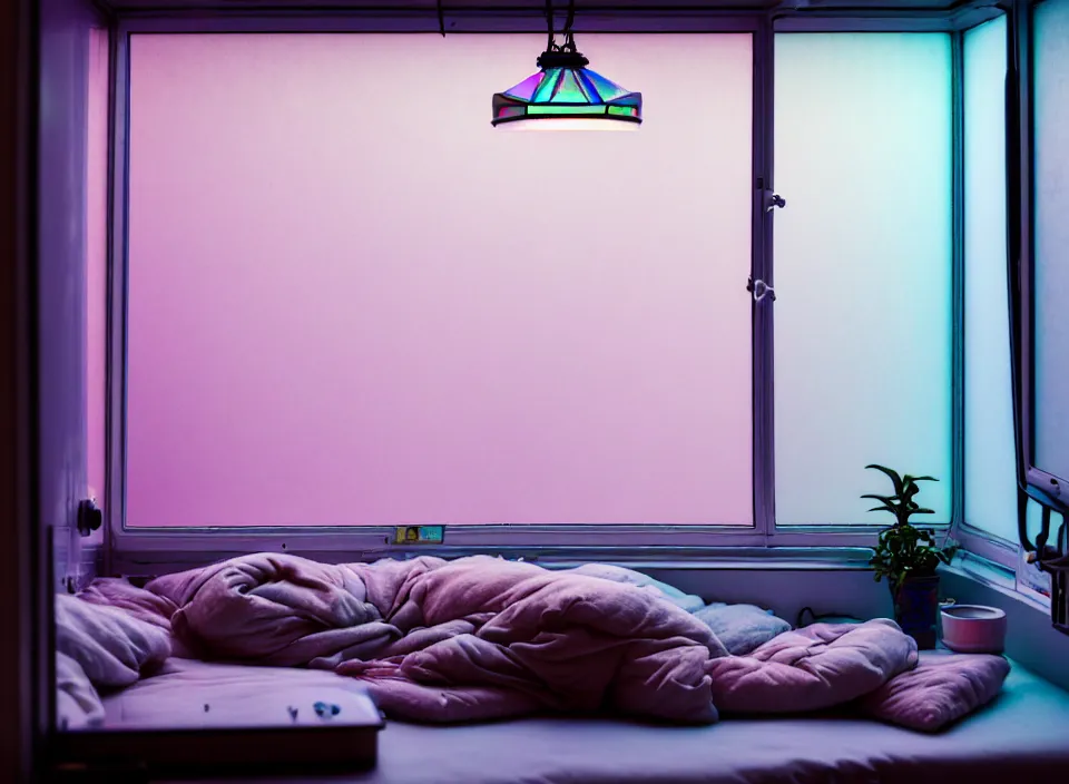 Prompt: telephoto 7 0 mm f / 2. 8 iso 2 0 0 photograph depicting the experience of calm in a cosy cluttered french sci - fi ( art nouveau ) cyberpunk apartment in a pastel dreamstate art cinema style. ( iridescent terrarium!, computer screens, window, leds, lamp, ( ( ( bed ) ) ) ), ambient light.
