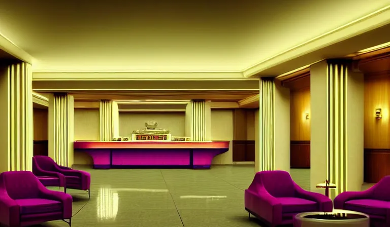 Image similar to a beautiful, sharp focus, clean lines. the interior of a 1 9 4 0 s art deco luxury hotel lobby. vaporwave ombre rendering. outrun style. trending on artstation. recommended for you behance. wes anderson colors. by chris moore. by edward hopper. ambient occlusion. digital matte painting. metropolis filmic. gotham city.