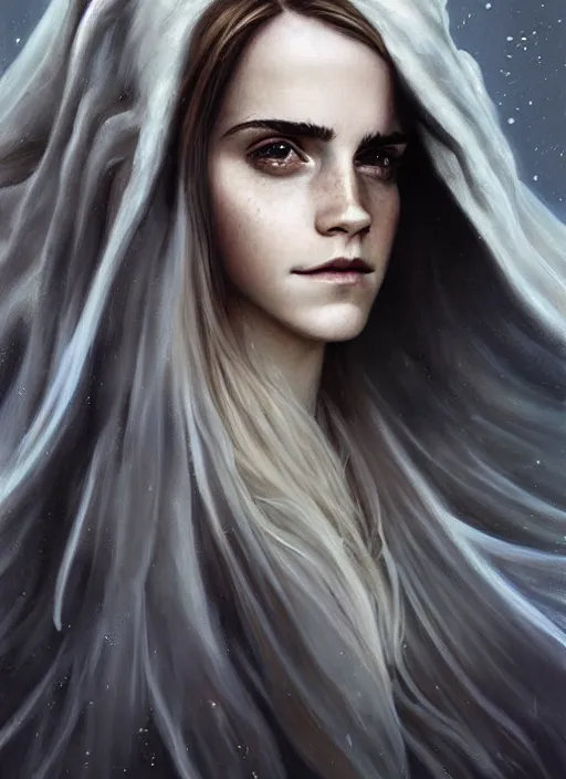 Image similar to Portrait of Emma Watson, white glowing eyes, silver shaggy hair, cloak, ethereal wings, male, fantasy, extremely detailed, digital painting, artstation, concept art, smooth, sharp focus, illustration, stunning lighting, art by artgerm and greg rutkowski and alphonse mucha and simon stalenhag, realistic character concept, high fantasy, light atmosphere, golden ratio, cinematic lighting, hyperdetailed, high resolution, insanely detailed and intricate, artstation, Marc Simonetti, Greg Rutkowski, 8k