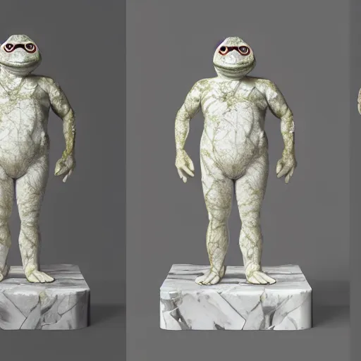 Prompt: a statue made of white marble with gold veins, of pepe the frog, transhumanism, full body shot, perfect symmetrical body, perfect symmetrical face, hyper realistic, hyper detailed, by johannen voss, by peter kemp, by monia merlo, by michelangelo, octane render, blender, 8 k