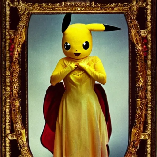 Image similar to elegant woman dressed up as pikachu, art photo by Annie Liebovitz and Alphonse Mucha