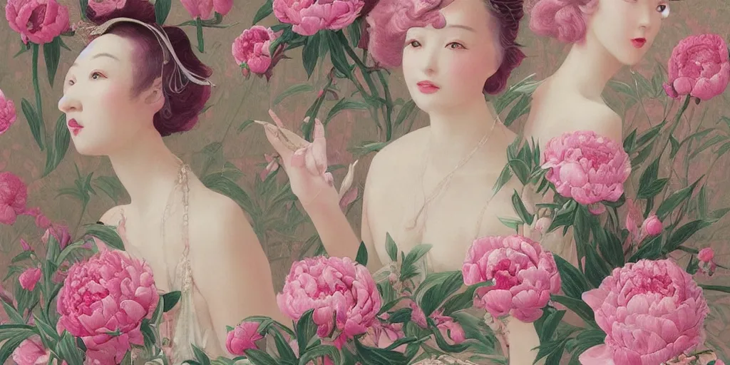 Prompt: breathtaking detailed concept art deco painting blend of pink short hair goddesses of peonies by hsiao - ron cheng with anxious piercing eyes, vintage illustration pattern with bizarre compositions blend of flowers and fruits and birds by beto val and john james audubon, exquisite detail, extremely moody lighting, 8 k