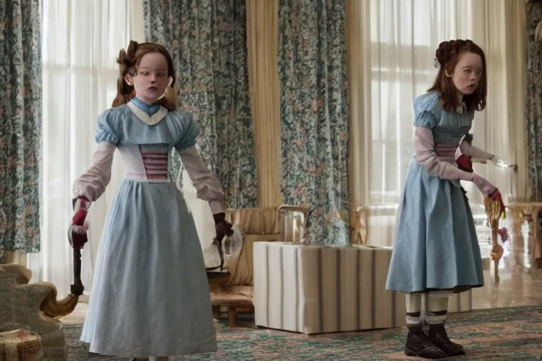 Prompt: mid-shot of Mackenzie Foy as the maid in the new movie directed by Wes Anderson, symmetrical shot, idiosyncratic, relentlessly detailed, limited colour palette, detailed face, movie still frame, promotional image, Wes Anderson, imax 70 mm footage