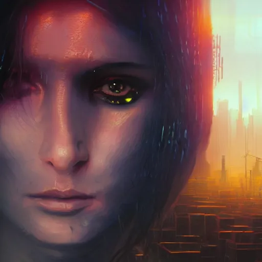 Image similar to neuromancer, closeup portrait of a young beautiful cyberpunk woman, eye implants, sunset, cyberpunk city background, megacity, gorgeous view, depth, painted by seb mckinnon, high detail, digital art, painted by greg rutkowski, trending on artstation