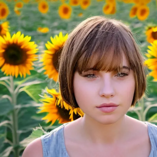 Image similar to highly detailed portrait of a young woman with pixie cut hairstyle in a field of sunflowers, sunny day, HD