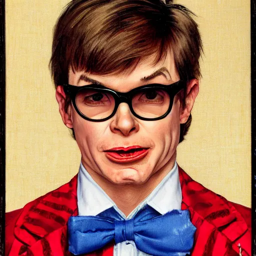 Prompt: frontal portrait of austin powers. a portrait by norman rockwell.