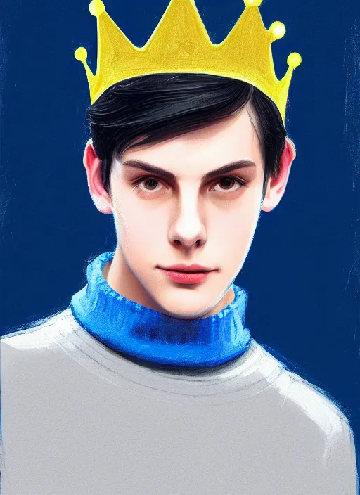 Image similar to portrait of teenage jughead jones wearing a light grey crown, crown, blue turtleneck, closed eyes, photorealistic, black hair, glowing lighting, intricate, elegant, glowing lights, highly detailed, digital painting, artstation, concept art, smooth, sharp focus, illustration, art by wlop, mars ravelo and greg rutkowski