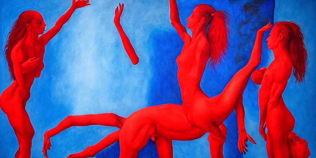 Image similar to only with blue, ney motogrosso in love with a red stallion, too many hands in all directions, in hoc signo vinces, waterfall, in the style of leonora carrington, gottfried helnwein, intricate composition, blue light by caravaggio, insanely quality, highly detailed, masterpiece, red light, artstation