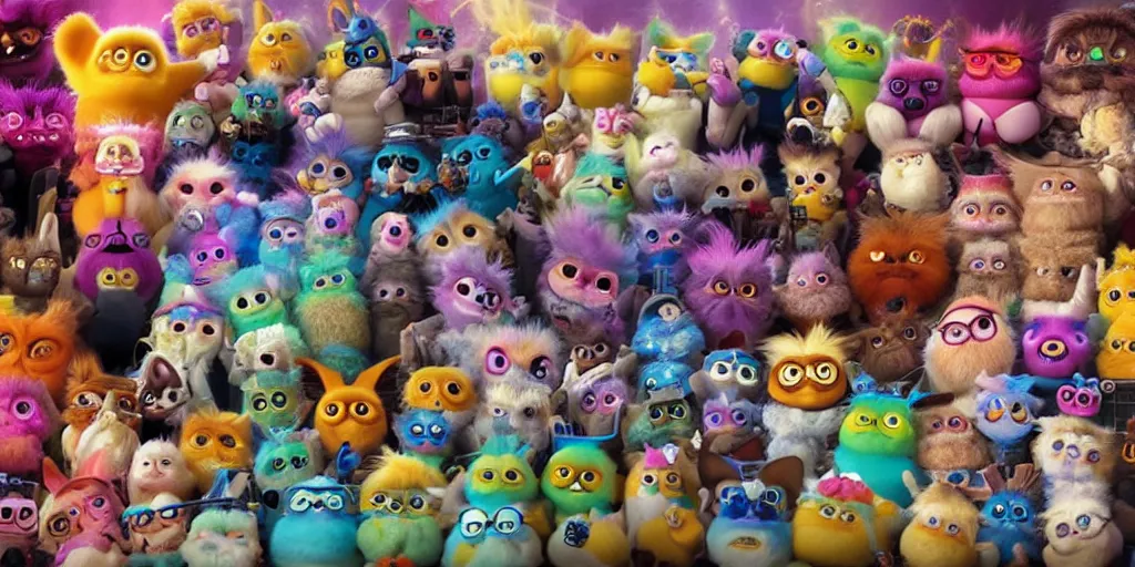 Image similar to Live actios furby movie, the furbys are too damn high, trending on Artstation, 8K, ultra wide angle, pincushion lens effect