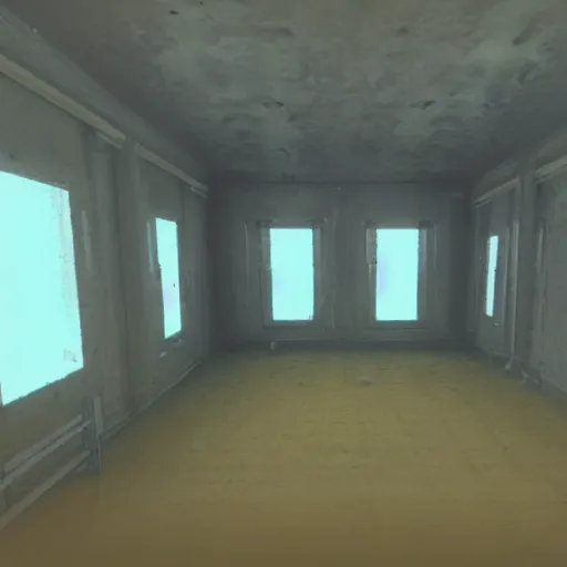 Image similar to a small long room the room is dirty in the right side there is a window you can't see anything because there's a fog in the right window in the left side there is a door in the other side of the door they are a couple of zombies getting the door the door is almost broken because of the zombies