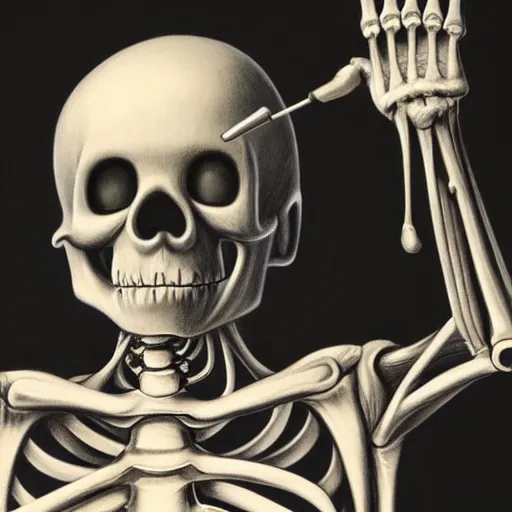 Image similar to ron english drawing teletubbies skeleton anatomy self portrait, hyperrealism