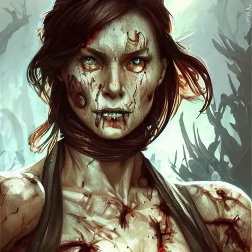 Image similar to muscular female zombie, deep focus, d & d, fantasy, intricate, torn clothing, highly detailed, digital painting, artstation, concept art, matte, sharp focus, illustration, hearthstone, art by artgerm and greg rutkowski and alphonse mucha