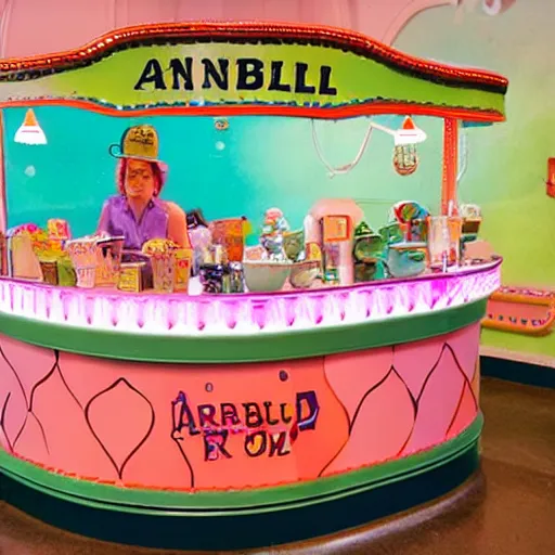 Image similar to a colorful fanciful ice cream parlor counter in the style of arnold lobel