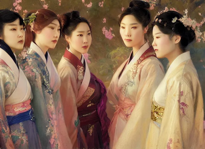 Image similar to detailed group portrait of blackpink wearing hanfu, natural light, painting by gaston bussiere, craig mullins, j. c. leyendecker