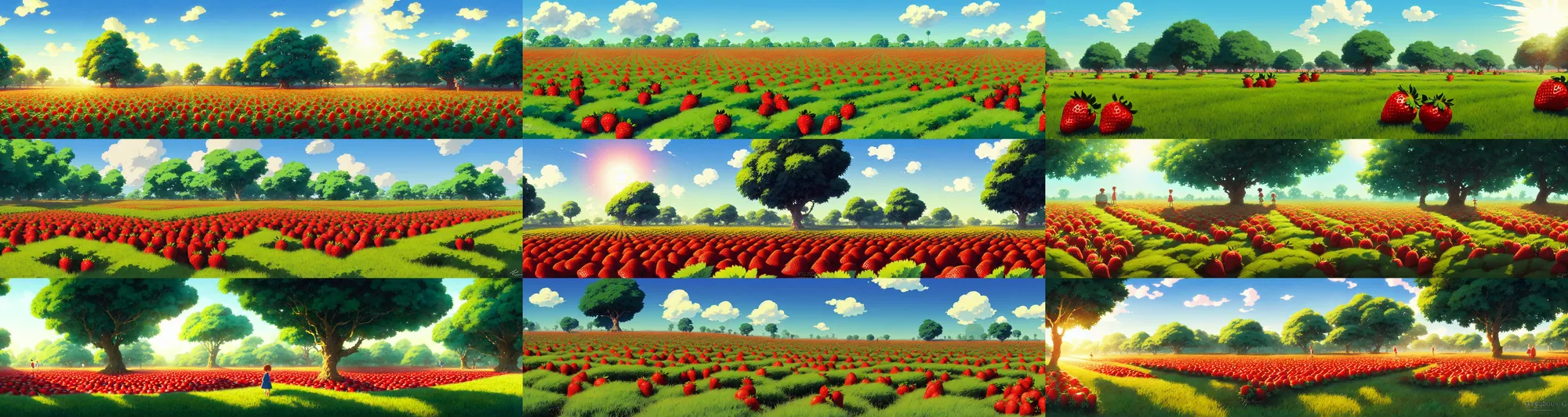 Prompt: a wholesome animation key shot of a sunny backlighting strawberry field, studio ghibli, pixar and disney animation, sharp, rendered in gouache painting, anime gouache key art by greg rutkowski, bloom, dramatic, dynamic lighting