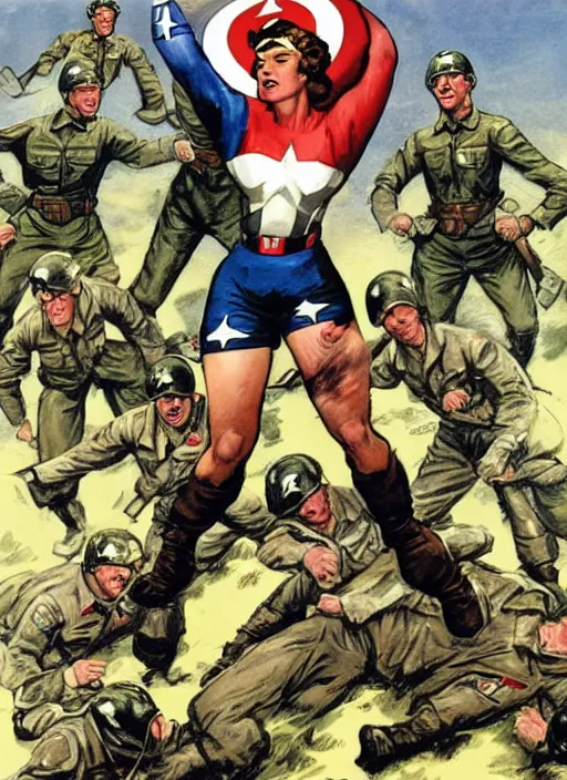 Image similar to beautiful female captain america standing on a pile of defeated german soldiers. feminist captain america wins wwii. american wwii propaganda poster by james gurney