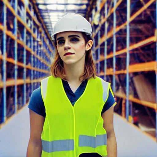 Image similar to photo, close up, emma watson in a hi vis vest, in warehouse, disposable camera, 5 0 mm,